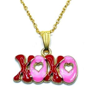 XO Necklace Gold Pink Red Hugs Kisses